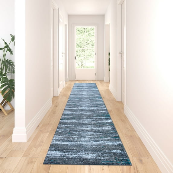 BizChair Area Rug Modern Contemporary Design 1102 Grey White Black Turquoise Accent (32 Inch X 15 Feet 5 Inch) Long Runner