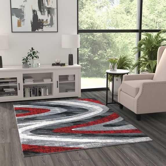 BizChair Area Rug Modern Contemporary Design 1107 Red Grey White Black (5 Feet 3 Inch X 7 Feet 3 Inch)