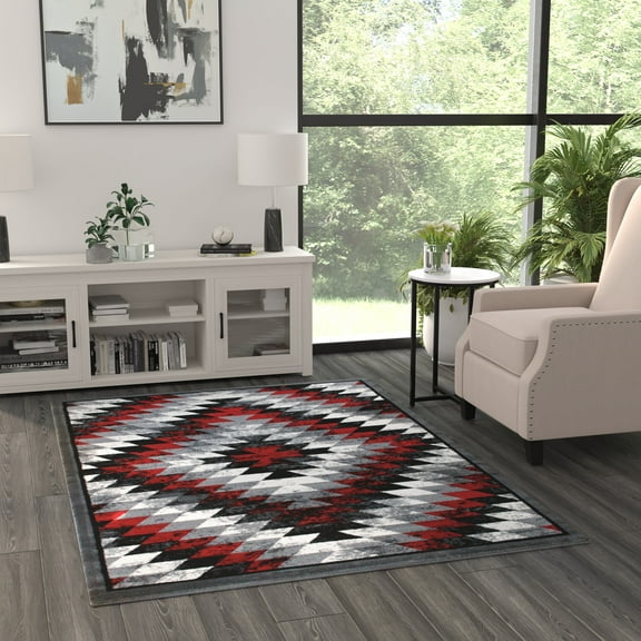 BizChair Area Rug Southwest Native Distressed Design 1106 Red Grey White Black (5 Feet 3 Inch X 7 Feet 3 Inch)