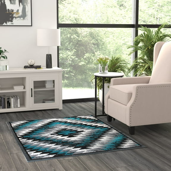 BizChair Area Rug Southwest Native Distressed Design 1106 Turquoise Grey White Black (4 Feet X 5 Feet)