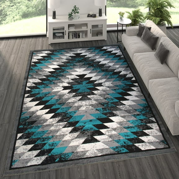 BizChair Area Rug Southwest Native Distressed Design 1106 Turquoise Grey White Black (8 Feet X 10 Feet)