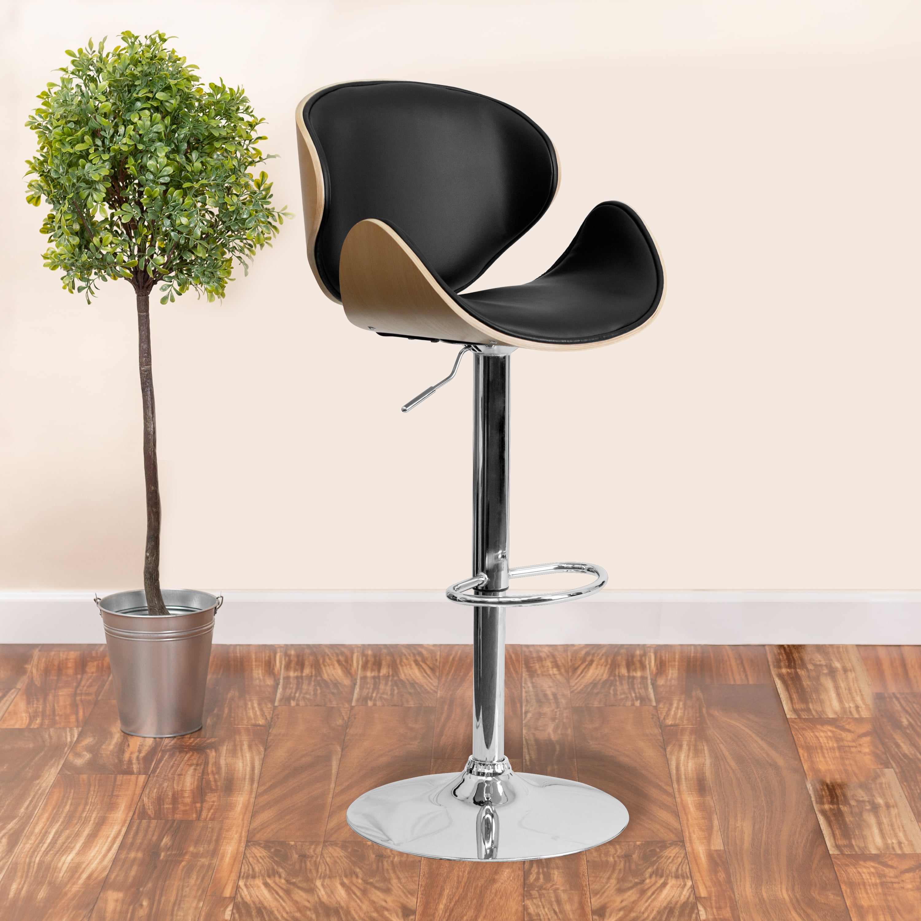 Retro Beechwood Finish Adjustable Swivel Barstool with Black Vinyl Seat