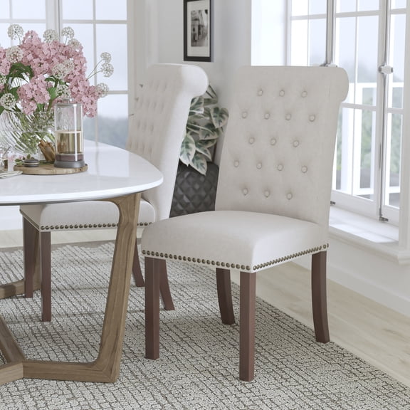BizChair Beige Fabric Parsons Chair with Rolled Back, Accent Nail Trim and Walnut Finish