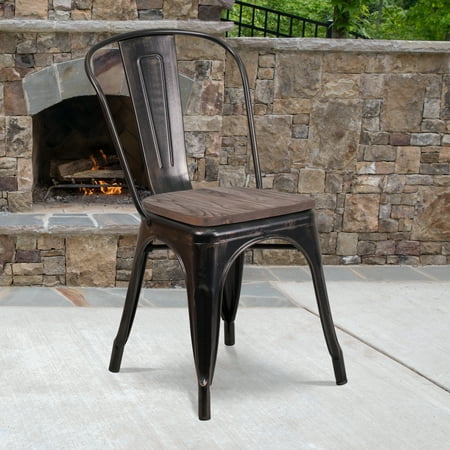 BizChair Black-Antique Gold Metal Stackable Chair with Wood Seat