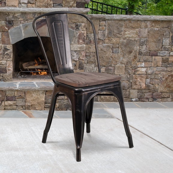BizChair Black-Antique Gold Metal Stackable Chair with Wood Seat