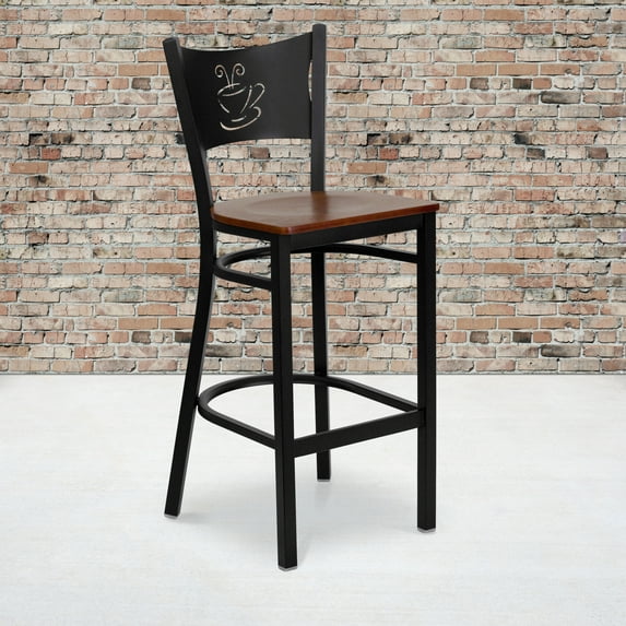 BizChair Black Coffee Back Metal Restaurant Barstool - Cherry Wood Seat