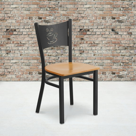 BizChair Black Coffee Back Metal Restaurant Chair - Natural Wood Seat