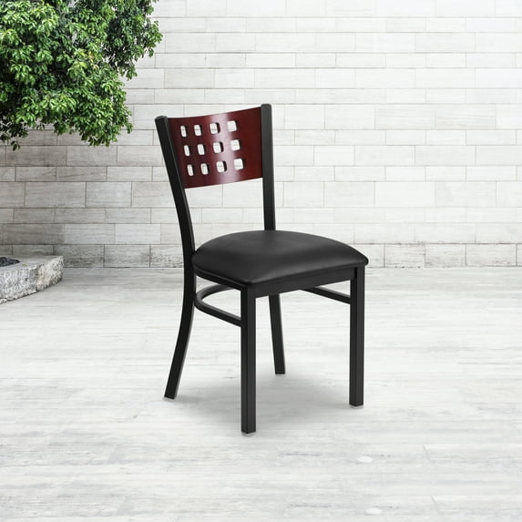 BizChair Black Cutout Back Metal Restaurant Chair - Mahogany Wood Back, Black Vinyl Seat