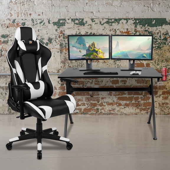 BizChair Black Gaming Desk and Black Reclining Gaming Chair Set with Cup Holder, Headphone Hook & 2 Wire Management Holes