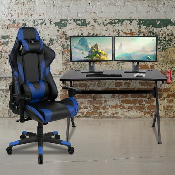 BizChair Black Gaming Desk and Blue/Black Reclining Gaming Chair Set with Cup Holder, Headphone Hook & 2 Wire Management Holes