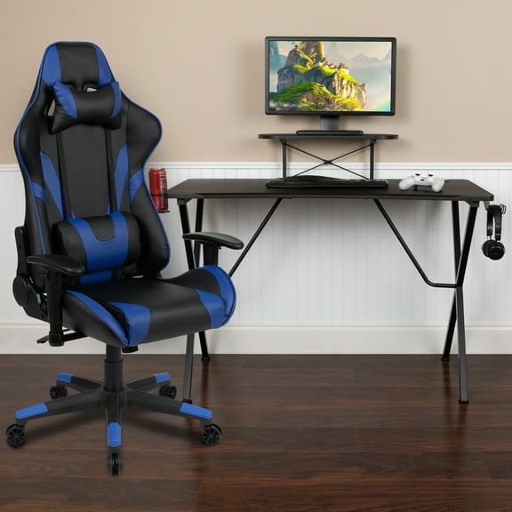 BizChair Black Gaming Desk and Blue Reclining Gaming Chair Set with Cup Holder, Headphone Hook, and Monitor/Smartphone Stand