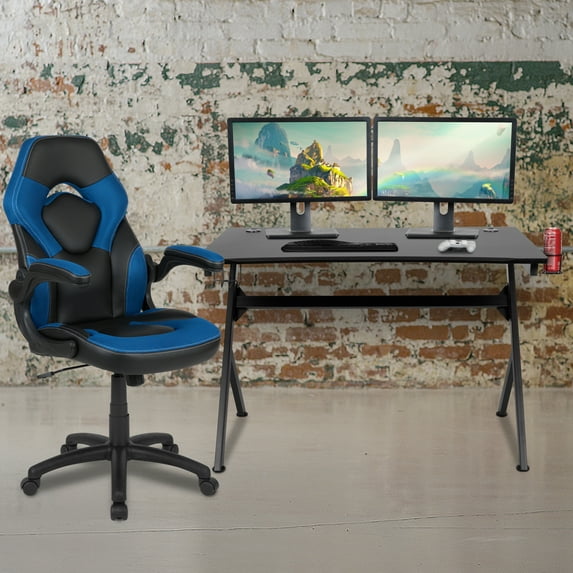 BizChair Black Gaming Desk and Blue and Black Racing Chair Set with Cup Holder, Headphone Hook & 2 Wire Management Holes