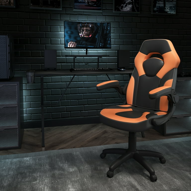BizChair Black Gaming Desk and Orange Black Racing Chair Set with Cup Holder Headphone Hook and Monitor Smartphone Stand