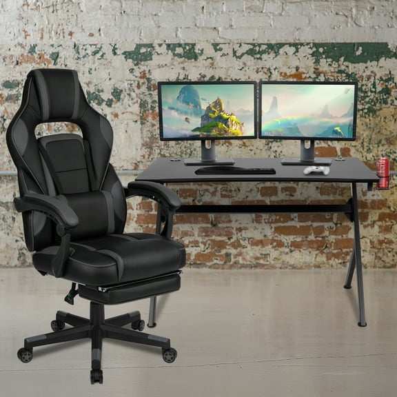 BizChair Black Gaming Desk with Cup Holder/Headphone Hook/2 Wire Management Holes & Black Reclining Back/Arms Gaming Chair with Footrest