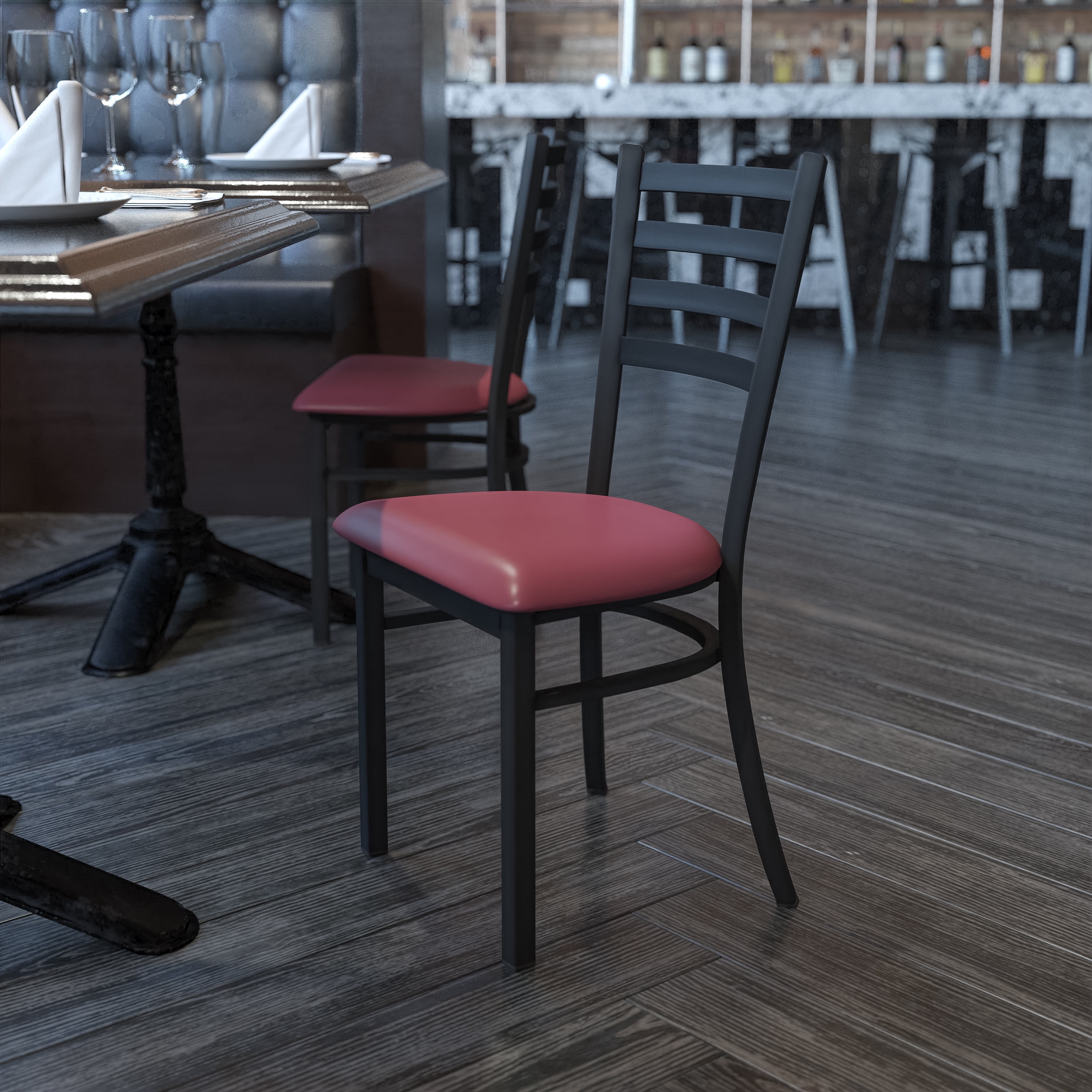 Black Metal Ladder Back Chair with Burgundy Vinyl Seat