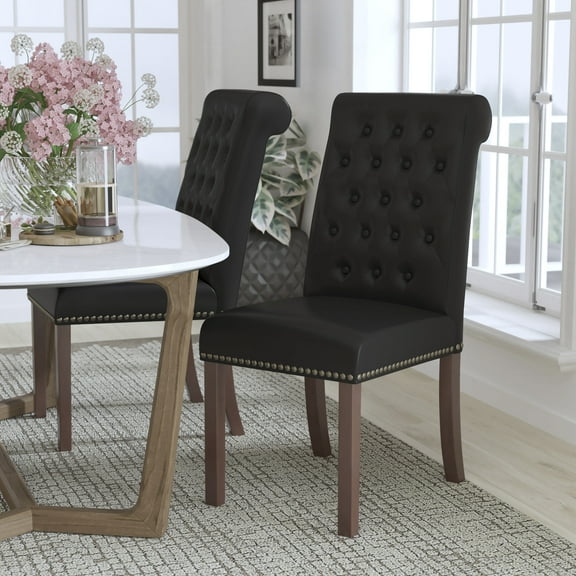 BizChair Black LeatherSoft Parsons Chair with Rolled Back, Accent Nail Trim and Walnut Finish