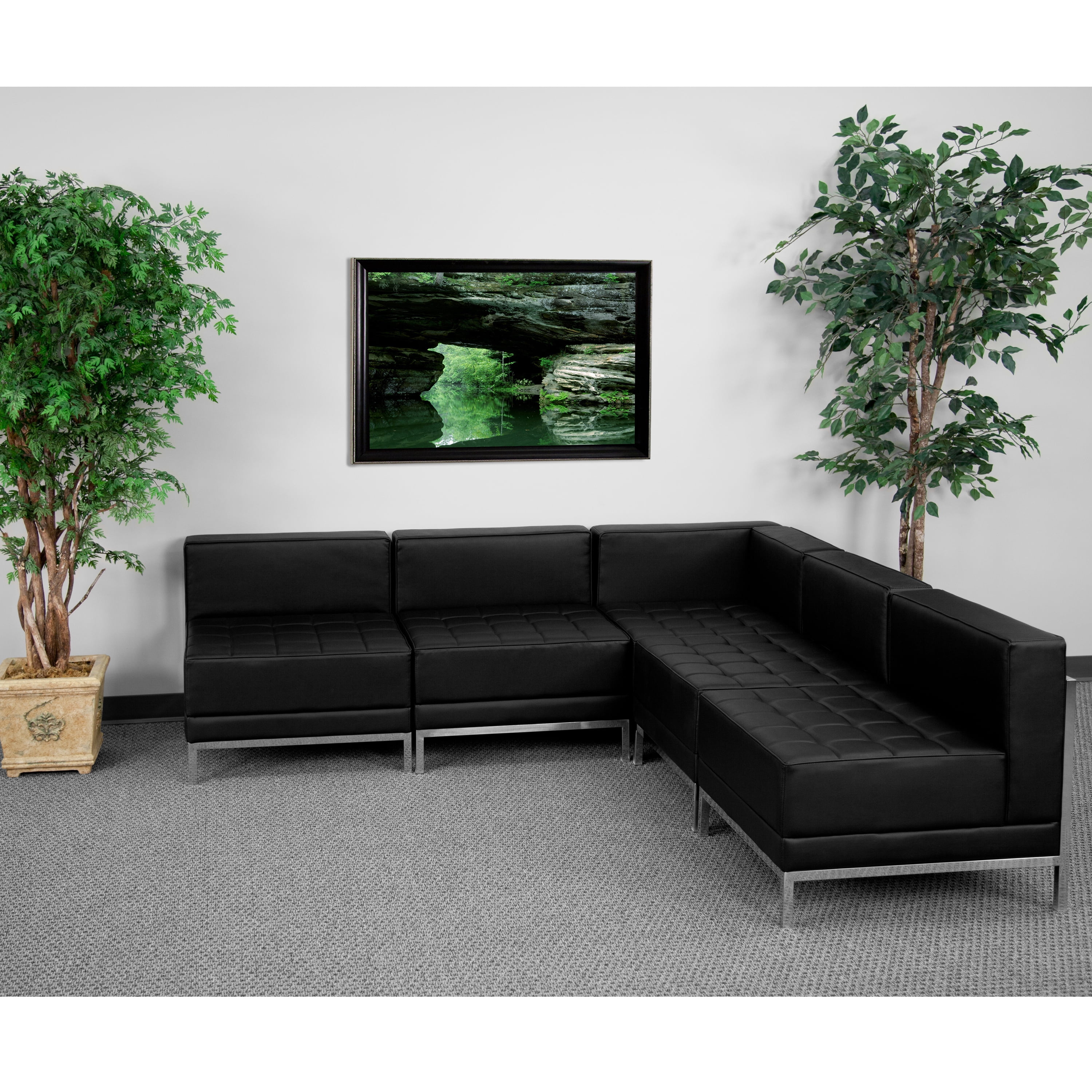 Black Tufted Leather Five Piece Reception Set with Metal Frame