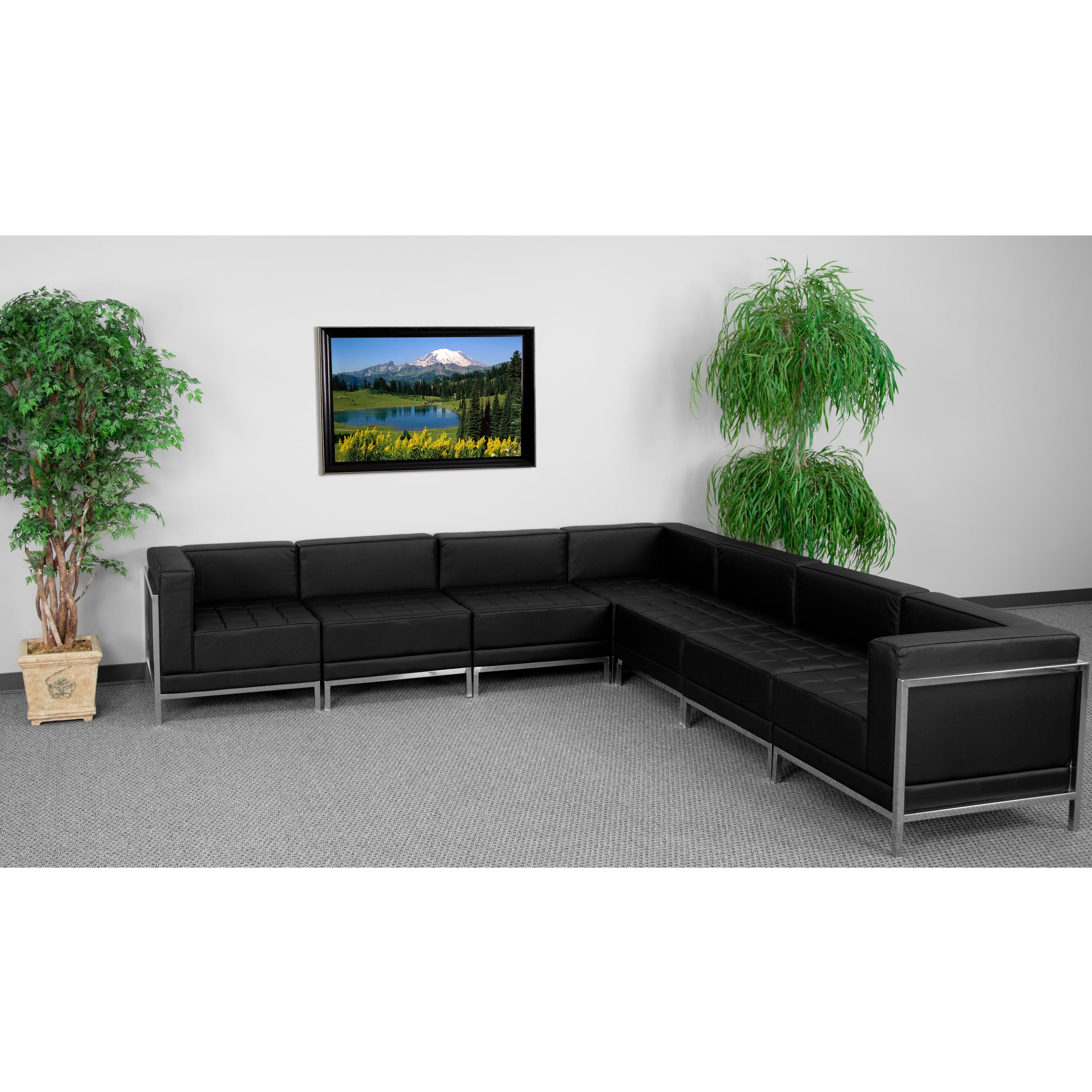 Black Tufted Leather Seven Piece Reception Sectional with Track Arm