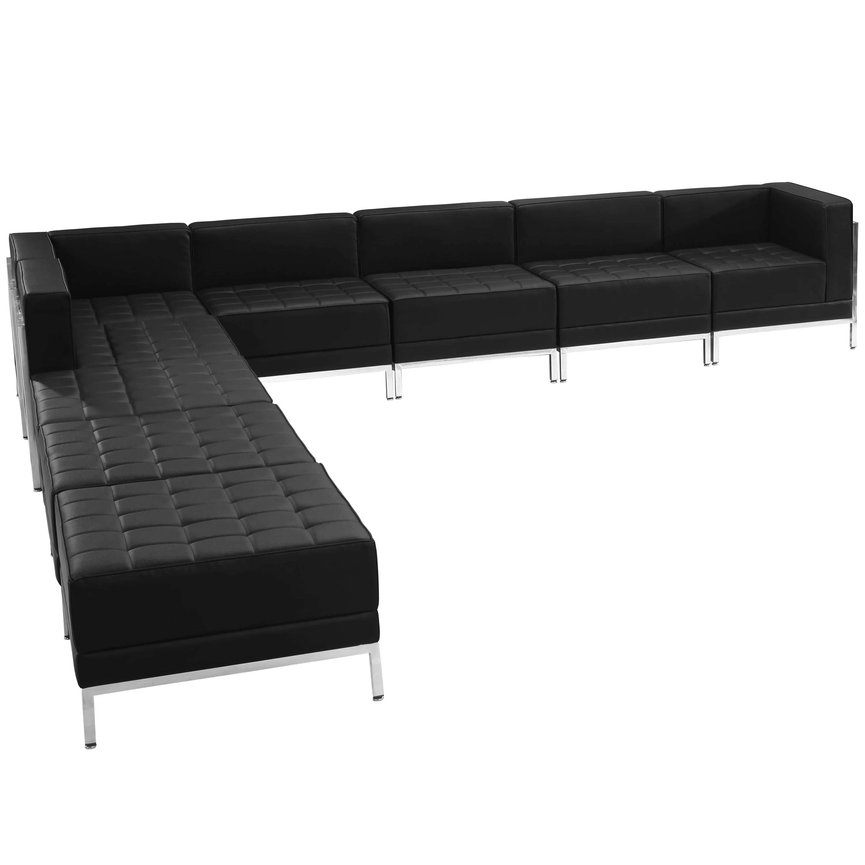 Black Faux Leather Nine Piece Reception Sectional with Wood and Stainless Steel