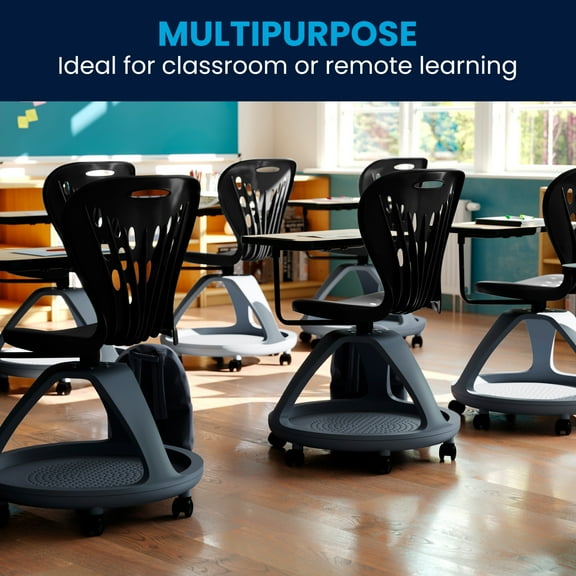 BizChair Black Mobile Desk Chair with 360 Degree Tablet Rotation and Under Seat Storage Cubby