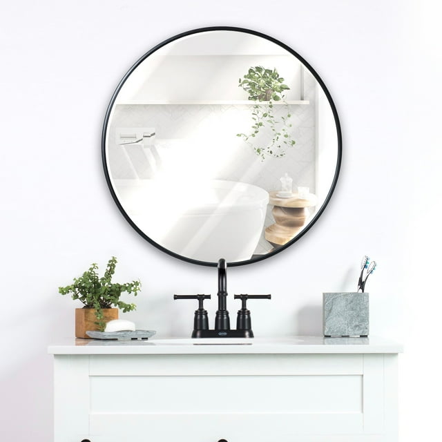 BizChair Black Round Wall Mirror - 24 Inch Large Round Mirror, Rustic Accent Mirror for Bathroom, Entry, Dining Room, & Living Room - Metal Mirror for Wall