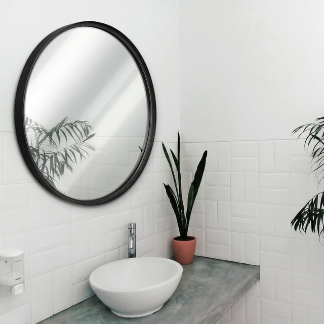 BizChair Black Round Wall Mirror - 27.5 Inch Large Round Mirror, Rustic Accent Mirror for Bathroom, Entry, Dining Room, & Living Room. Metal Wall Mirror
