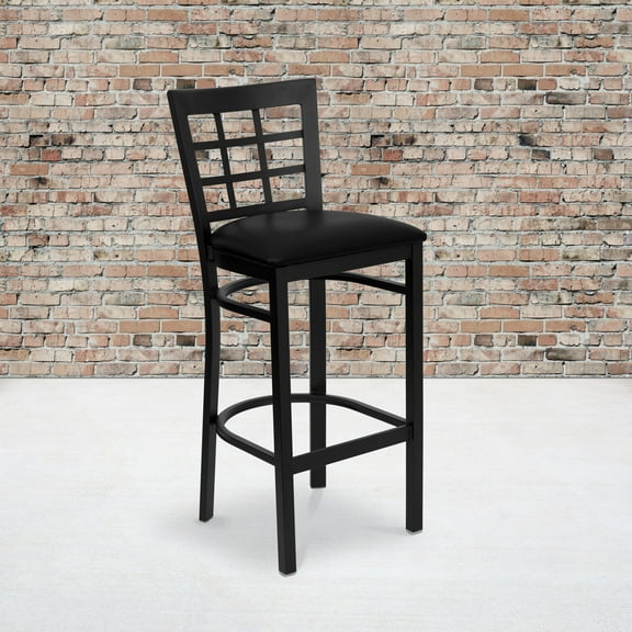 BizChair Black School House Back Metal Restaurant Barstool - Black Vinyl Seat