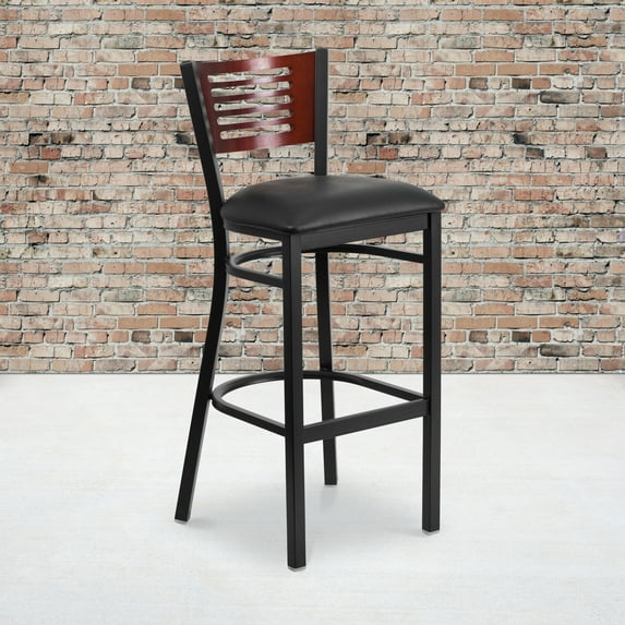 BizChair Black Slat Back Metal Restaurant Barstool - Mahogany Wood Back, Black Vinyl Seat