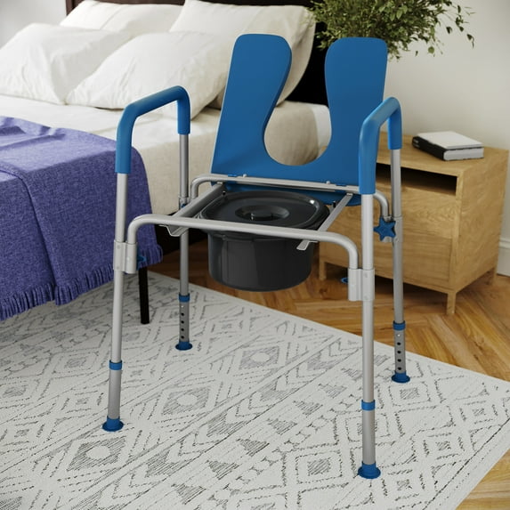 BizChair Blue Shower Commode Chair with Safety Rail, Height Adjustable Frame, Padded Seat & Armrests, Commode Pail with Lid, Fits Most Toilets