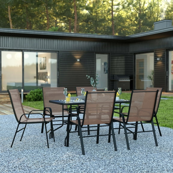 BizChair Brazos Series 7-Piece Outdoor Rippled Glass Patio Table Set with 6 Chairs, Brown