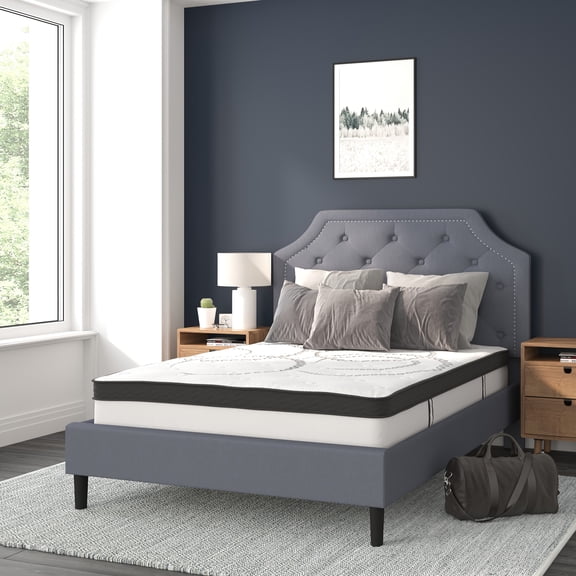 BizChair Brighton Full Size Tufted Upholstered Platform Bed in Light Gray Fabric with 10 Inch CertiPUR-US Certified Pocket Spring Mattress