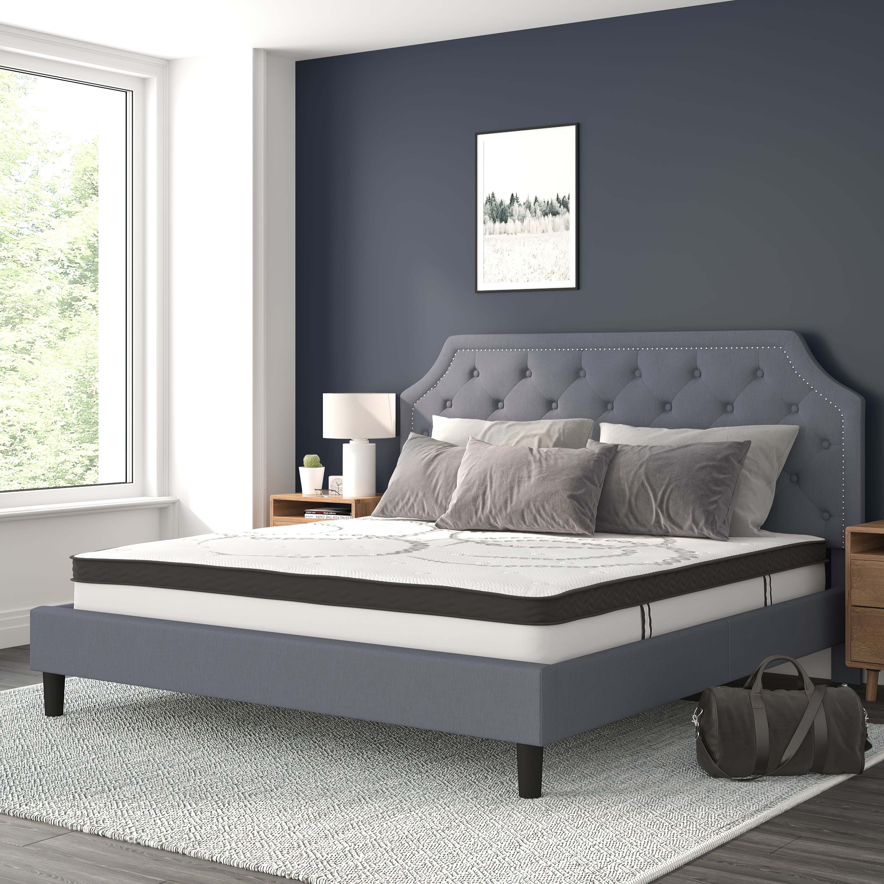 BizChair Brighton King Size Tufted Upholstered Platform Bed in Light Gray Fabric with 10 Inch CertiPUR-US Certified Pocket Spring Mattress