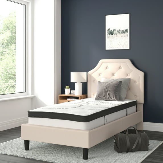 BizChair Brighton Twin Size Tufted Upholstered Platform Bed in Beige Fabric with 10 Inch CertiPUR-US Certified Pocket Spring Mattress