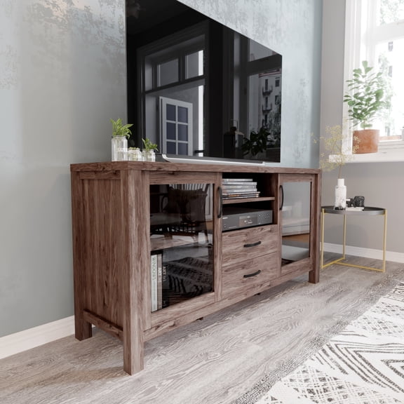 BizChair Brown 59 Inch Modern Kitchen and Dining Room Buffet Sideboard Storage Cabinet, Engineered Wood with 2 Tempered Glass Doors, 2 Drawers, Open Shelf