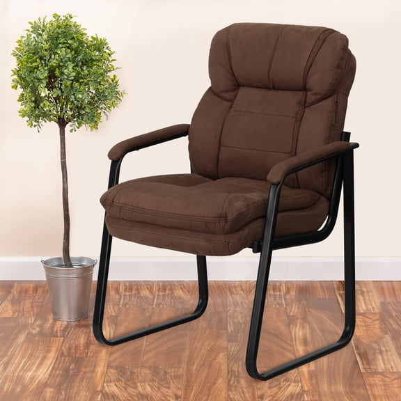 BizChair Brown Microfiber Executive Side Reception Chair with Lumbar Support and Sled Base