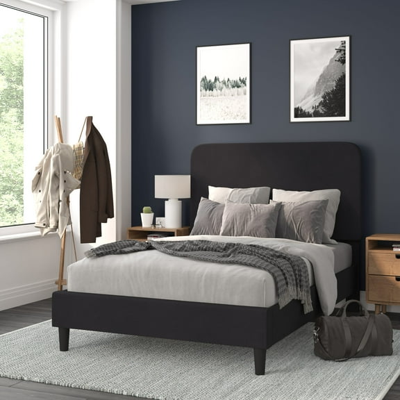 BizChair Charcoal Full Fabric Upholstered Platform Bed - Headboard with Rounded Edges - No Box Spring or Foundation Needed