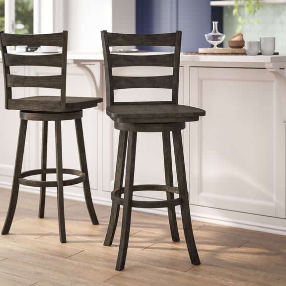 BizChair Classic Ladderback Swivel Bar Stool, Gray Wash Walnut (Set of 2)