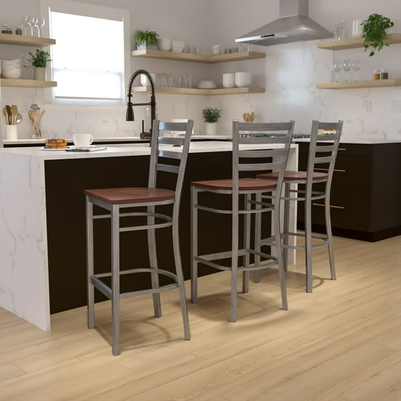 BizChair Silver Antique Finish with Clear Coat Ladder Back Metal Restaurant Barstool - Cherry Wood Seat