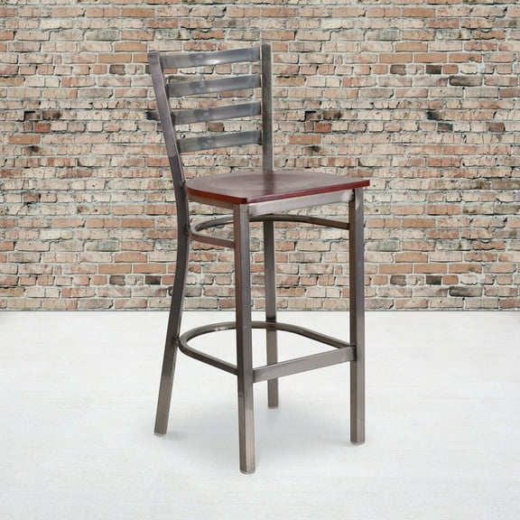 BizChair Silver Antique Finish with Clear Coat Ladder Back Metal Restaurant Barstool - Mahogany Wood Seat