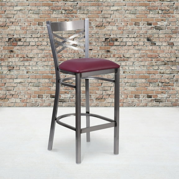 BizChair Clear Coated X-Back Metal Barstool with Burgundy Vinyl Seat, (Set of 2)