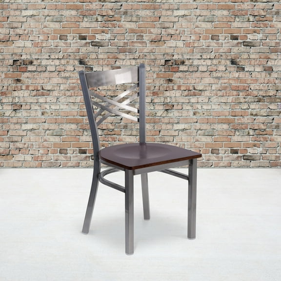 BizChair Silver Antique Finish with Clear Coat ''X'' Back Metal Restaurant Chair - Walnut Wood Seat