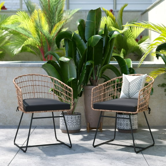 BizChair Club Chairs Bohemian Wicker/Rattan Solid Print Natural/Black (Set of 2)