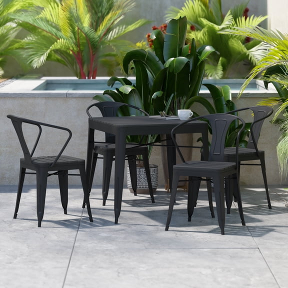 BizChair Commercial 5 Piece Indoor-Outdoor Table and Chairs, 31.5" Square Table with Poly Resin Top, 4 Metal Chairs with Poly Resin Seats, Black