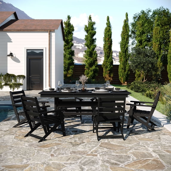 BizChair Commercial 7 Piece Adirondack Dining Set with 72" Rectangle Indoor/Outdoor Recycled HDPE Table and 6 Chairs with Cupholders in Black