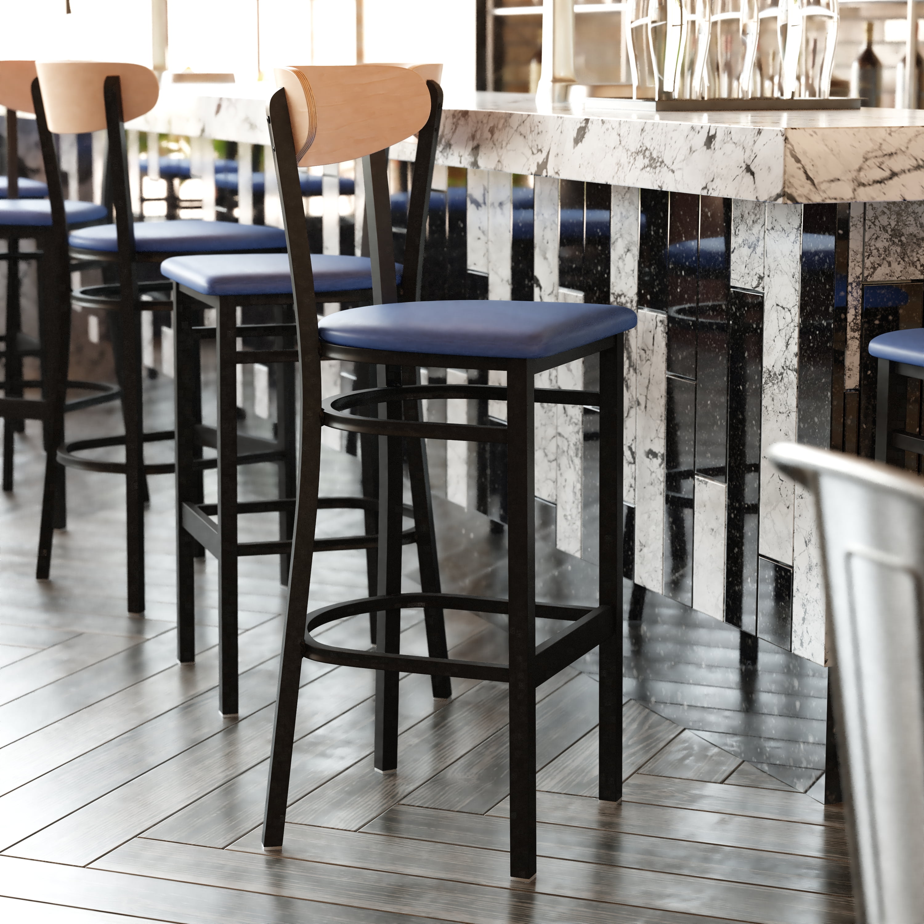 Blue Postic Note BizChair Commercial Barstool with 500 LB. Capacity Black Steel Frame ...