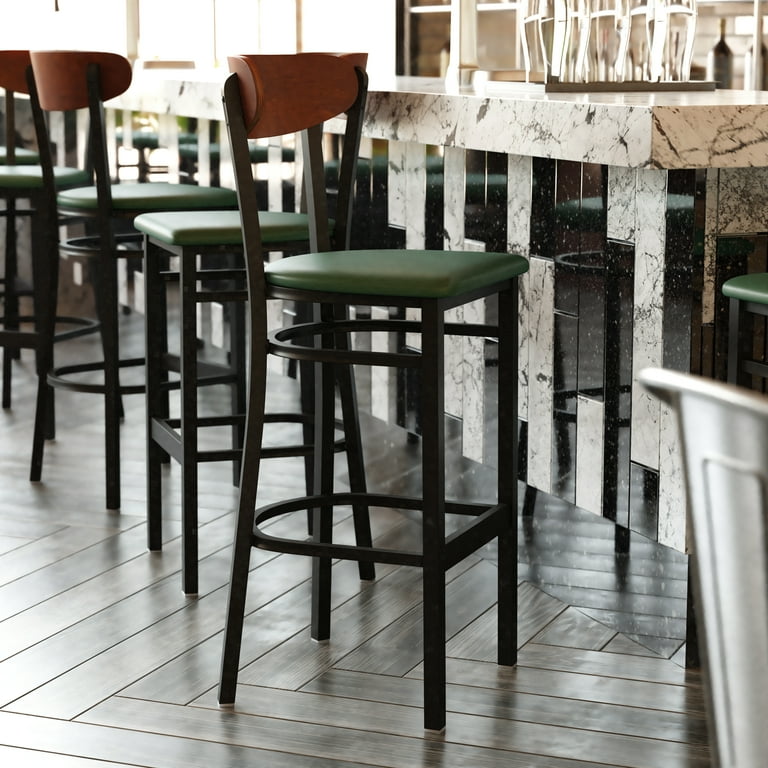 BizChair Commercial Barstool with 500 LB. Capacity Black Steel Frame Walnut Finish Wooden Boomerang Back and Green Vinyl Seat