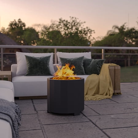 BizChair Commercial Grade 19.5 inch Smokeless Outdoor Firepit, Natural Wood Burning Portable Fire Pit With Waterproof Cover, Black