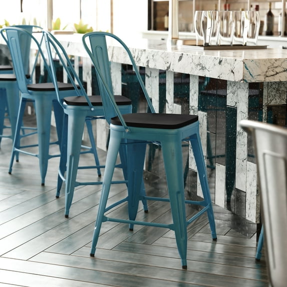 BizChair Commercial Grade 24" High Kelly Blue-Teal Metal Indoor-Outdoor Counter Height Stool with Back with Black Poly Resin Wood Seat