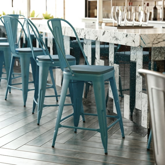 BizChair Commercial Grade 24" High Kelly Blue-Teal Metal Indoor-Outdoor Counter Height Stool with Back with Teal-Blue Poly Resin Wood Seat