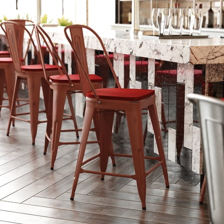 BizChair Commercial Grade 24" High Kelly Red Metal Indoor-Outdoor Counter Height Stool with Back with Red Poly Resin Wood Seat
